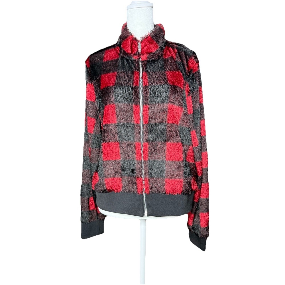 DKNY Fringe Red and Black Buffalo Plaid Zip Bomber Jacket Sz M‎